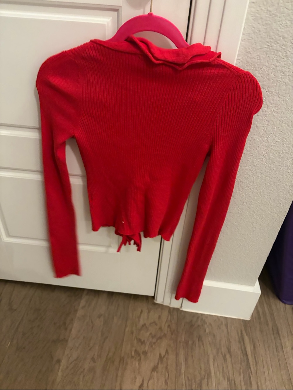 Majorelle red Ruffle Tie-Front Ribbed Top - Picture 3 of 4